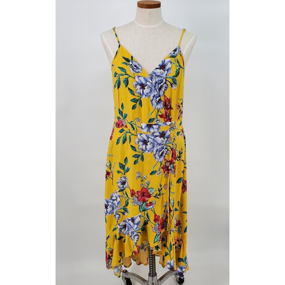 Xhilaration Floral High‎ Low Ruffle Faux Wrap Dress Large Mustard Yellow Zipper